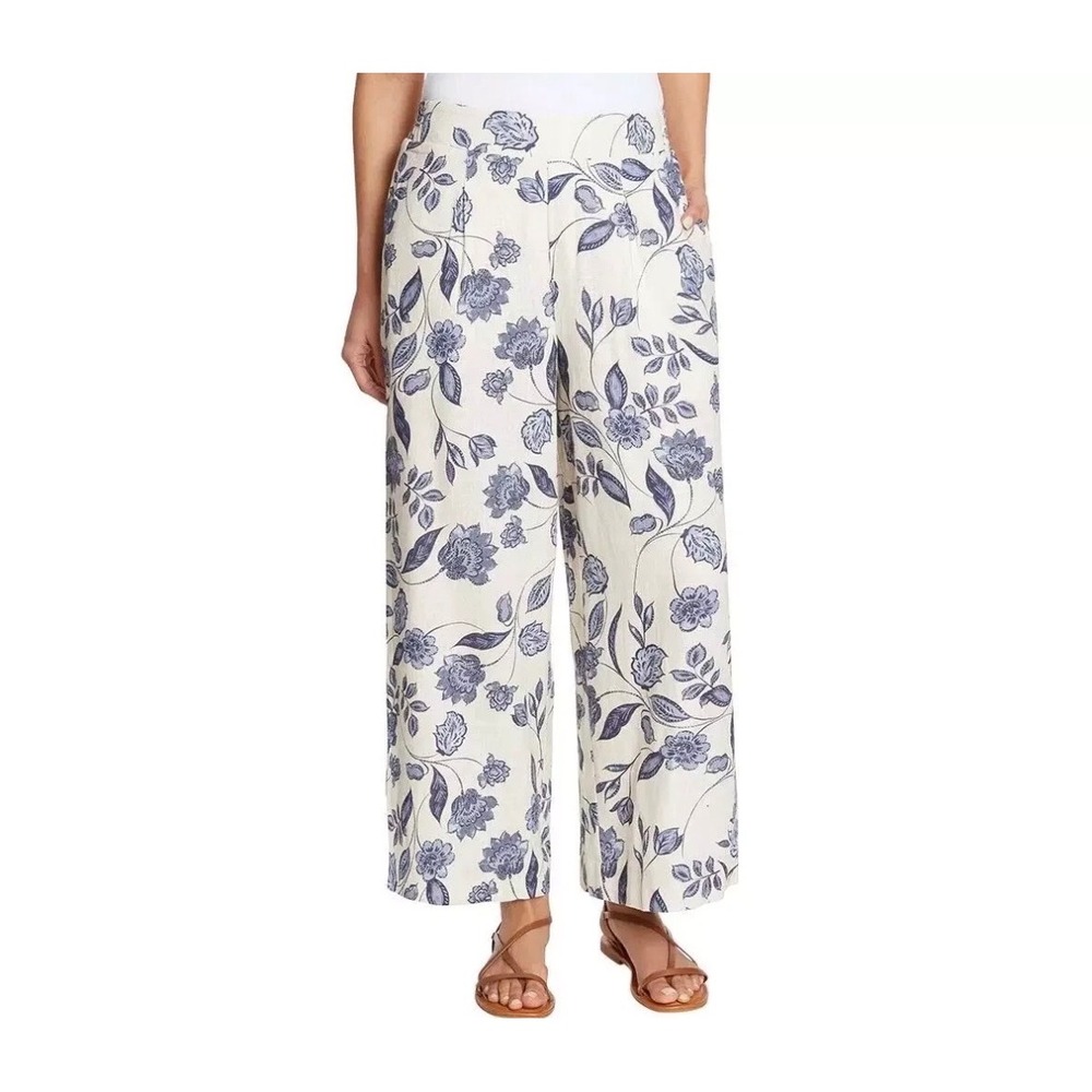 Ella Moss Womens XL Blue Floral Linen Blend Wide Leg Cropped Pants Cottage